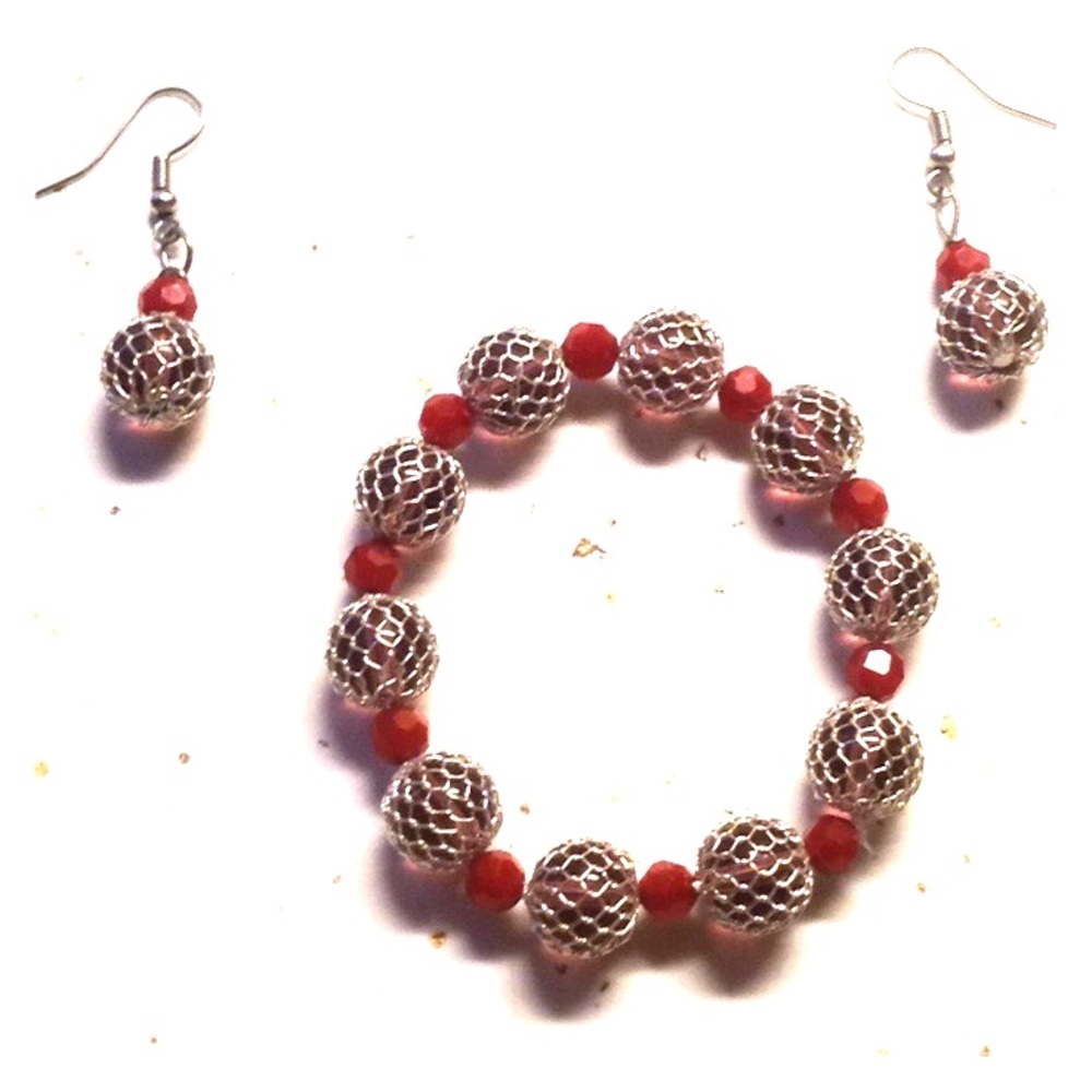 Silver & Red Bracelet/ Earring Combo